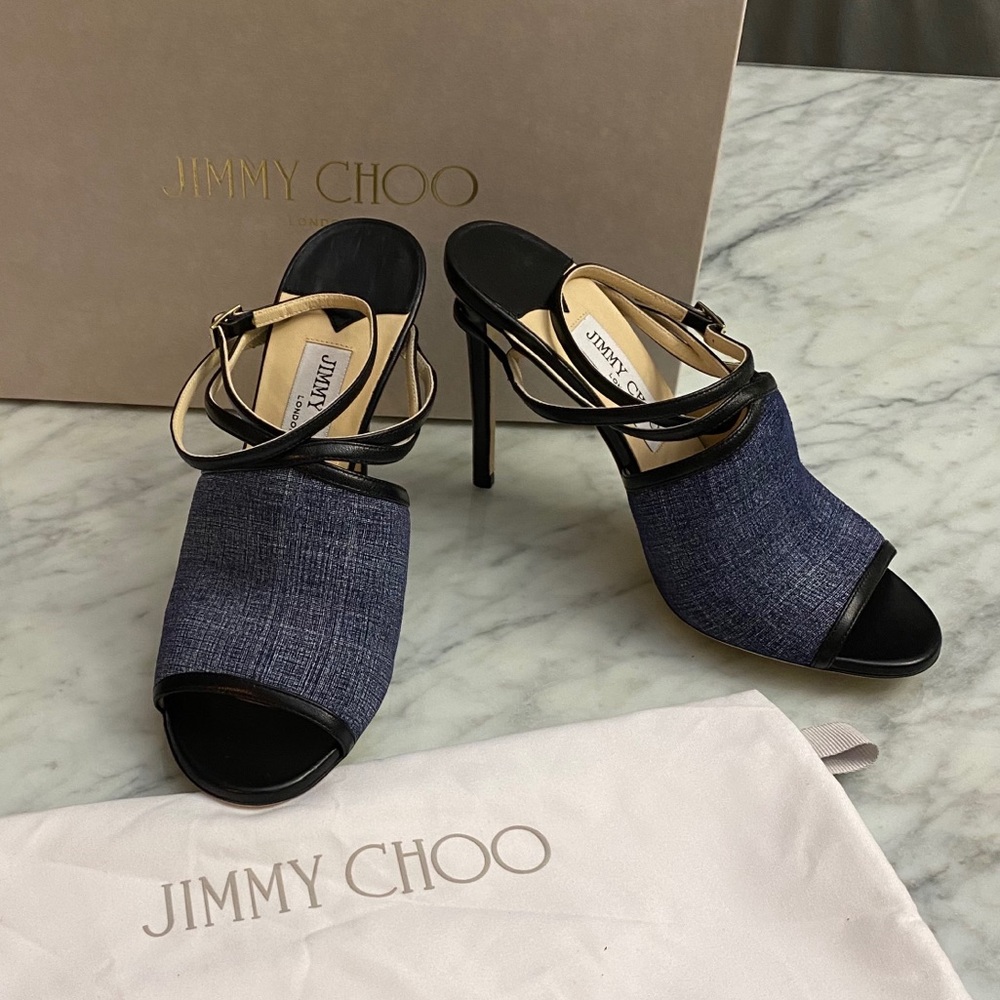 New JIMMY CHOO Flora Leather-trimmed Denim Sandals - Picture 3 of 8